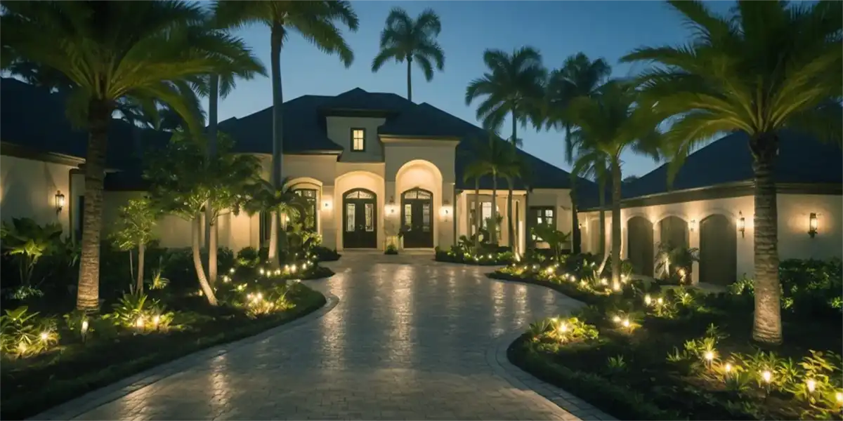 Landscaped ROI Ground Lights Front Florida Home
